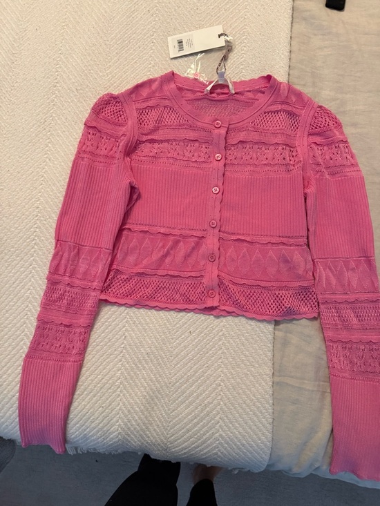 LoveShackFancy Sweaters - LoveShackFancy Pink Crochet Knit Button-Up Cardigan